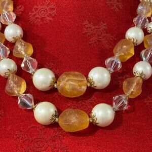Vintage Vendome 2-strand beaded choker necklace faux pearl beads & AB crystals